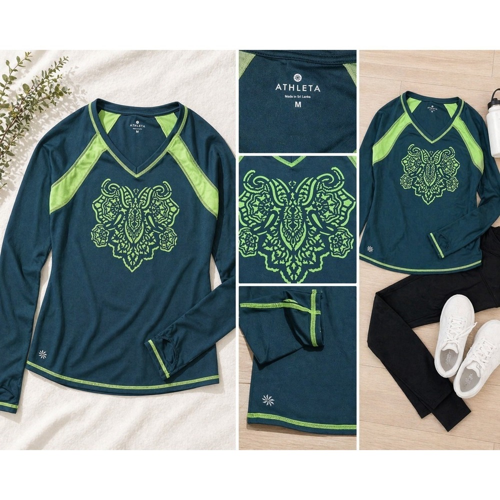 Athleta V-Neckβ Performance Top M Green Thumbhole Long Sleeve Stretch Athleisure